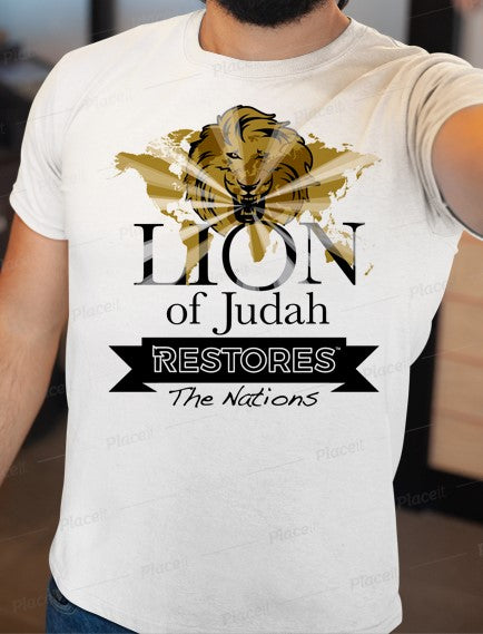33 items of White Shirts with Graphic of Rediscover LION Of Judah Apparel Restores the Nations TM + DarkGrey Gold Lettering (TRN) with Chevy and CruZen Options